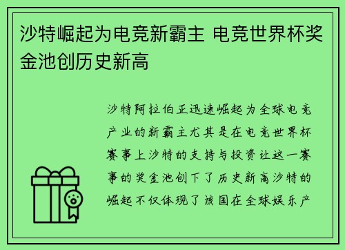 沙特崛起为电竞新霸主 电竞世界杯奖金池创历史新高